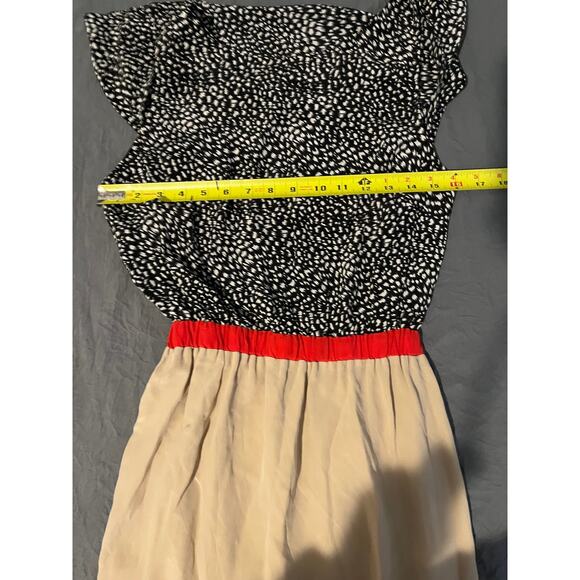 Cynthia Vincent 100% Silk Dress Size M – Scoop Back Print Top Red Waist Beige - Picture 5 of 7